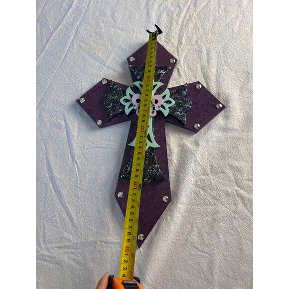 Large Layered Cross Wall Decor – Purple w/ Rhinestones & Fleur-de-Lis - Picture 2 of 5